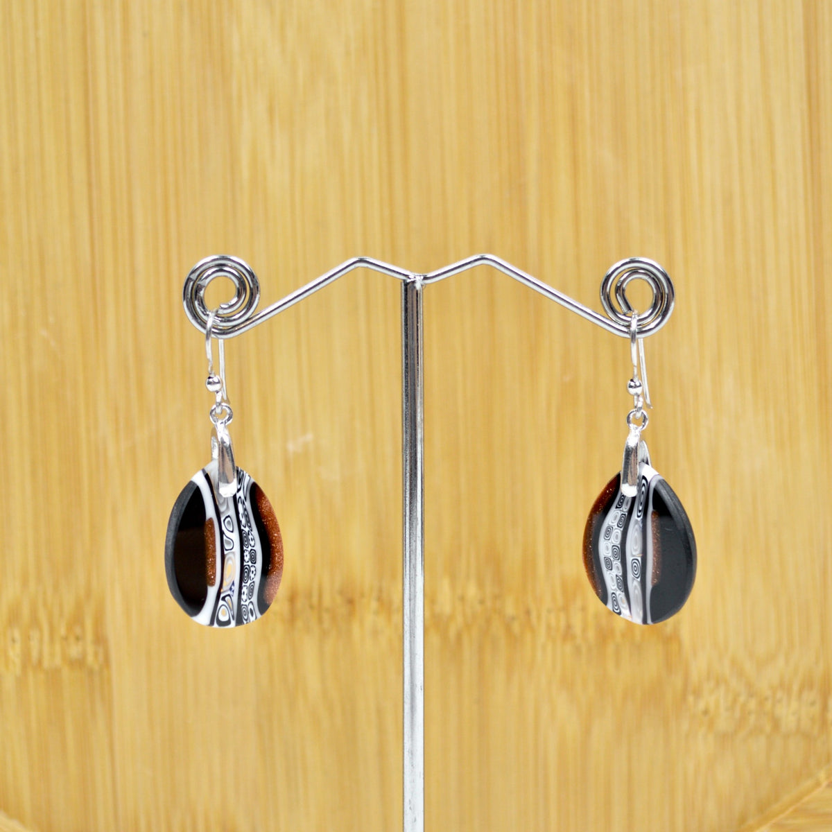 Murano Glass Millefiori Oval Dangle Earrings, Aventurine &amp; Black Glass - My Italian Decor