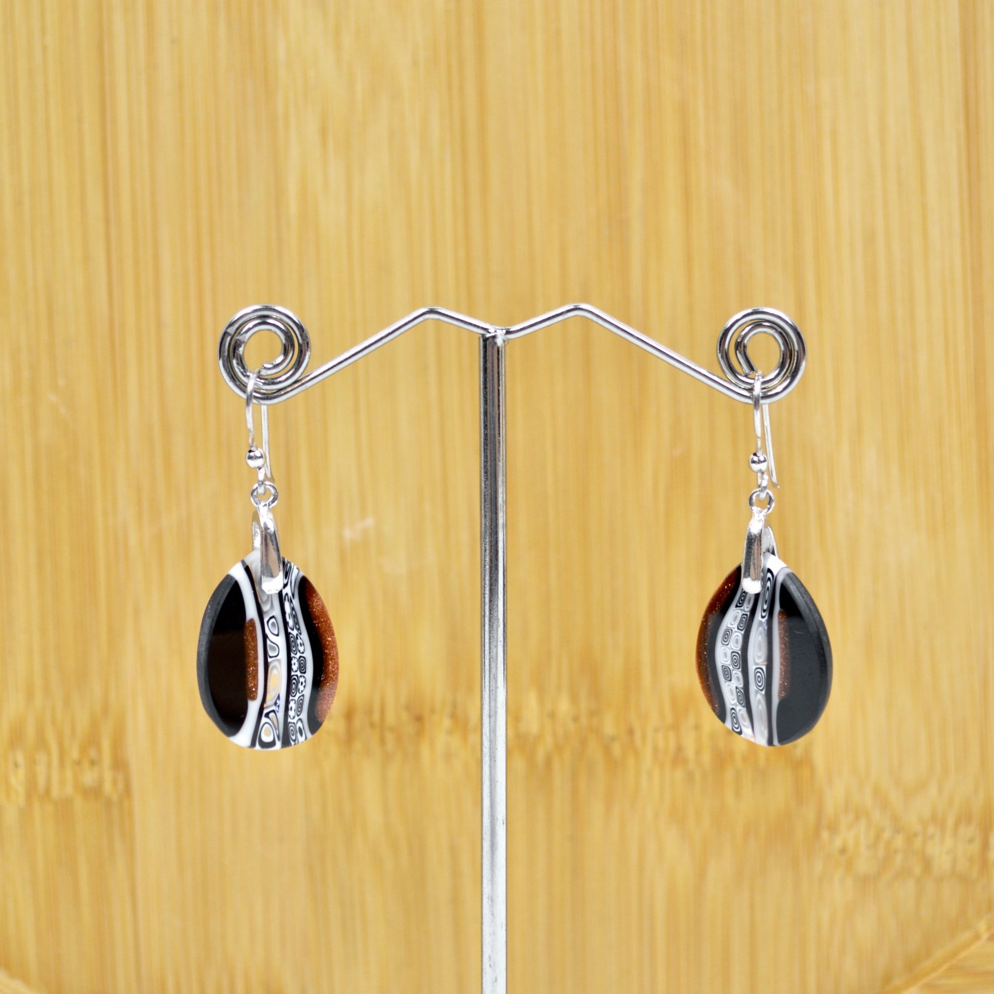 Murano Glass Millefiori Oval Dangle Earrings, Aventurine & Black Glass - My Italian Decor