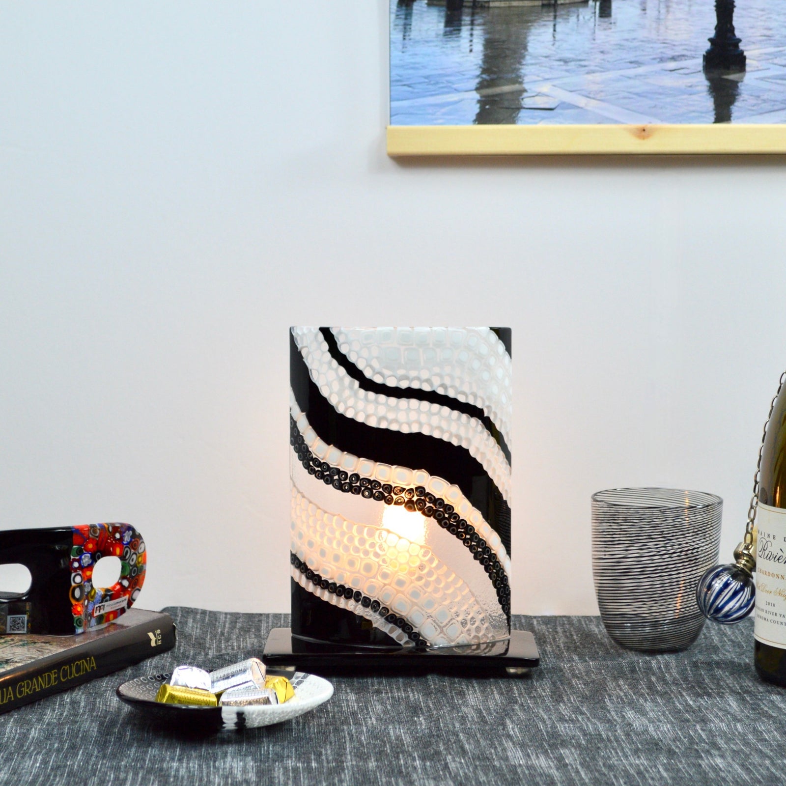 Murano Glass Lamp - Millefiori Mosaics, Black & White, Made In Italy - My Italian Decor