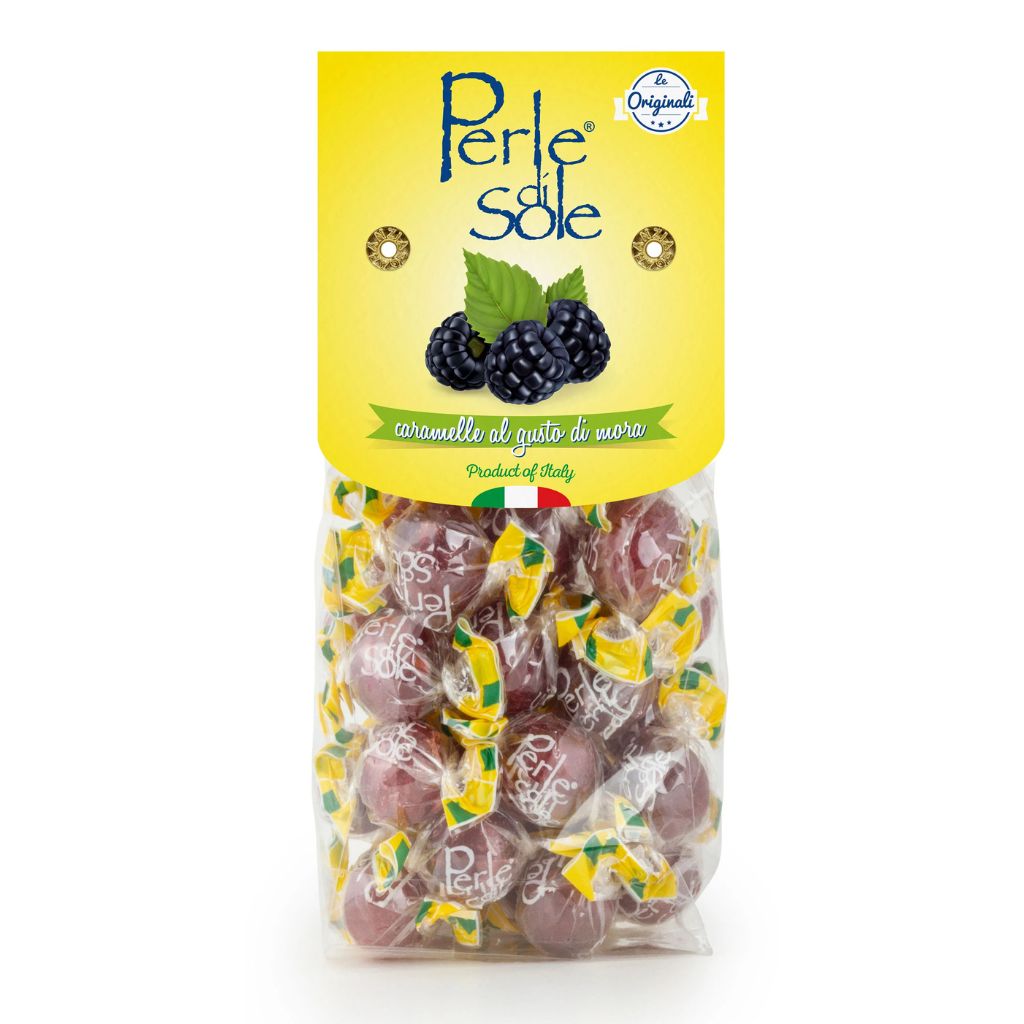 Blackberry hard candy drops in Perle di Sole Candy Bags by My Italian Decor, showcasing colorful, glossy candies in clear packaging.