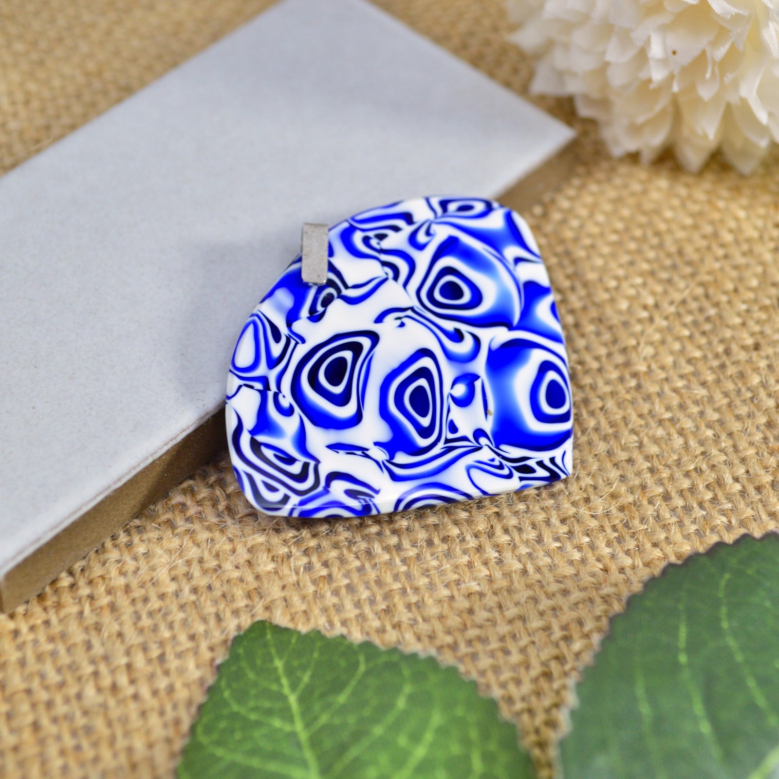 Murano Glass Millefiori Mosaic Fan-shaped Pendant, Cobalt Blue/White, Made in Italy - My Italian Decor