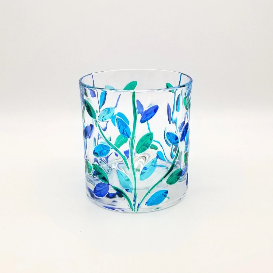 Set of 2 Short Drink Glasses, Flowervine, Blue Green, Made in Italy - My Italian Decor