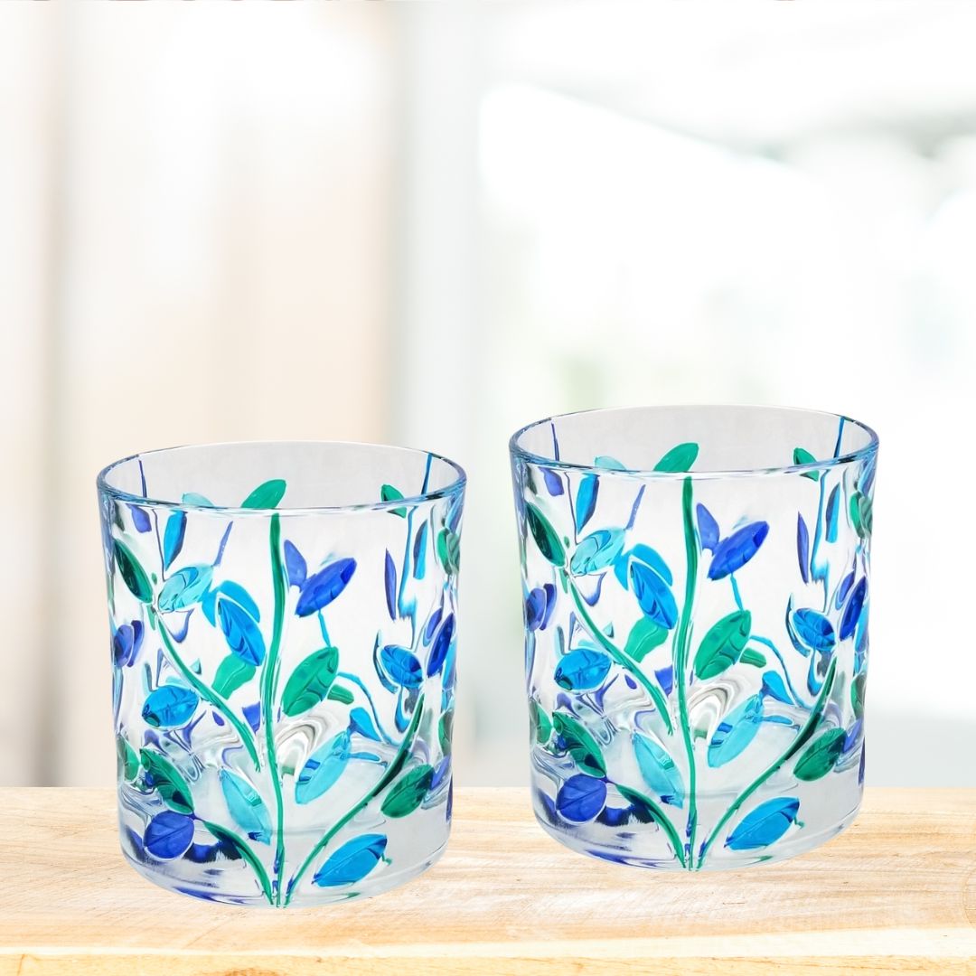 Set of 2 Short Drink Glasses, Flowervine, Blue Green, Made in Italy - My Italian Decor