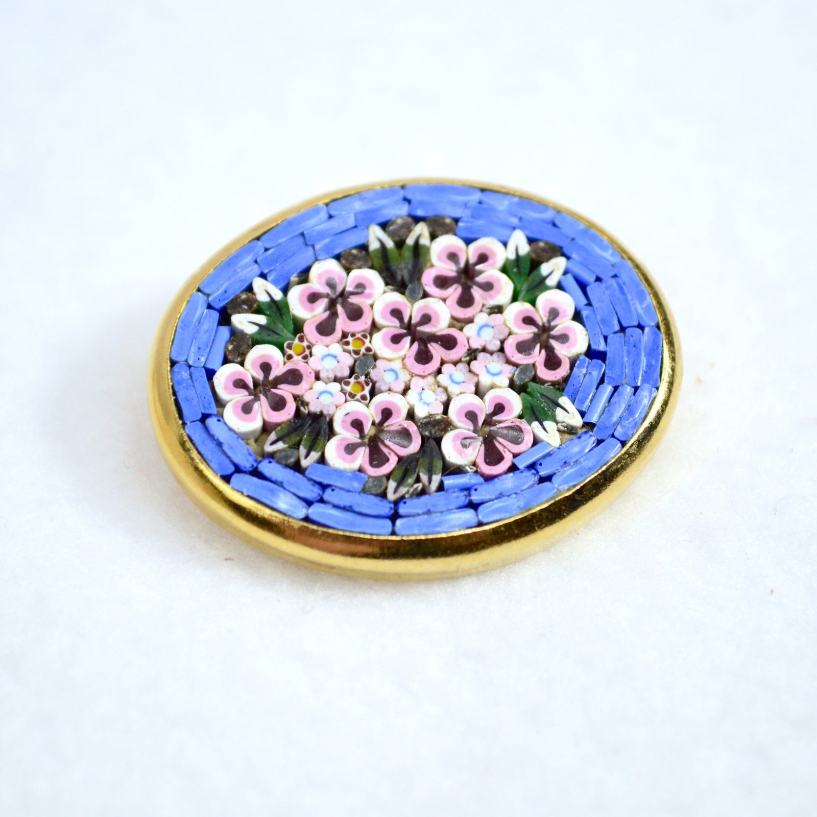 Florentine mosaic large oval brooch by My Italian Decor, detailed Italian lapel pin with colorful mosaic design displayed.