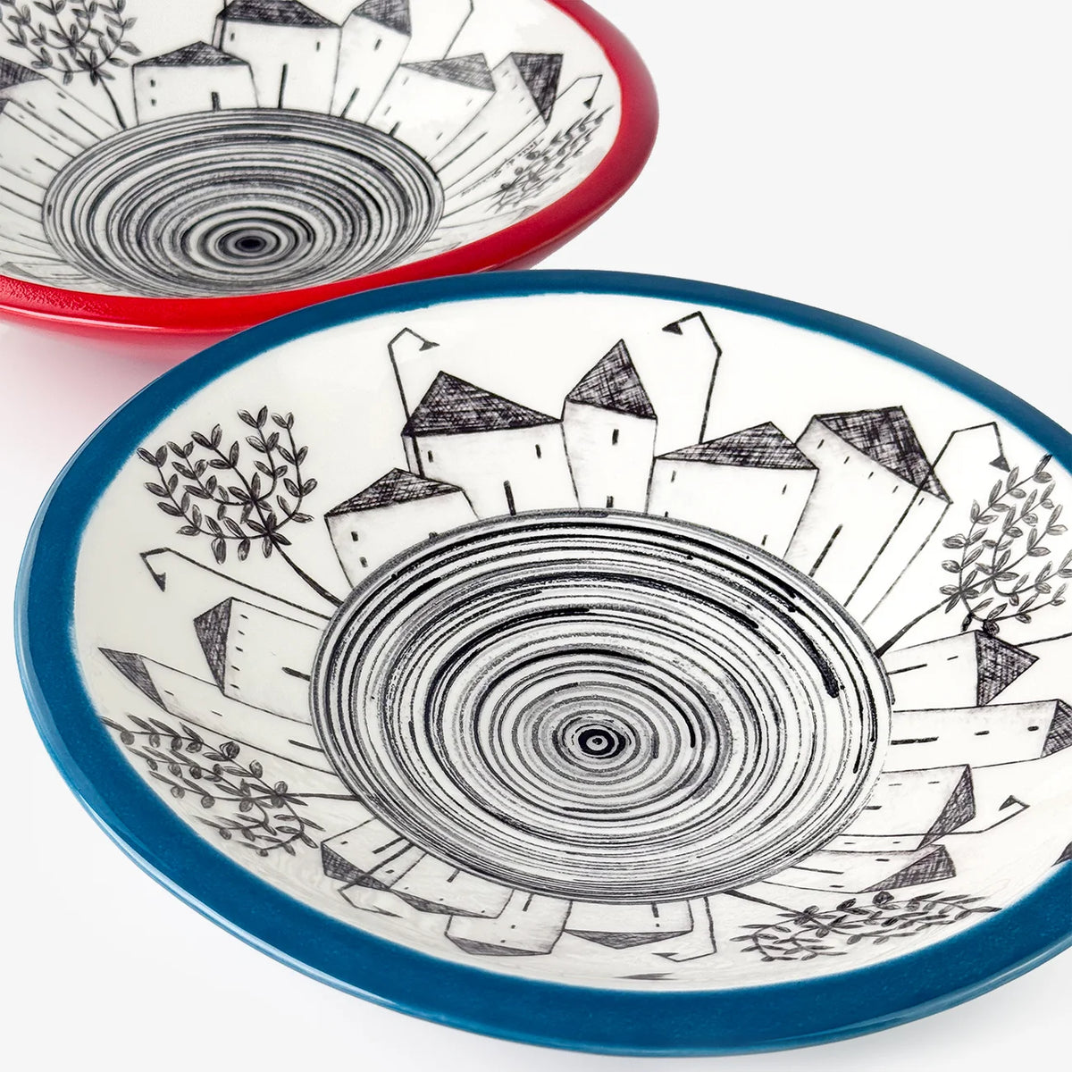 Hand-Painted Ceramic Italian Village Centerpiece Bowls