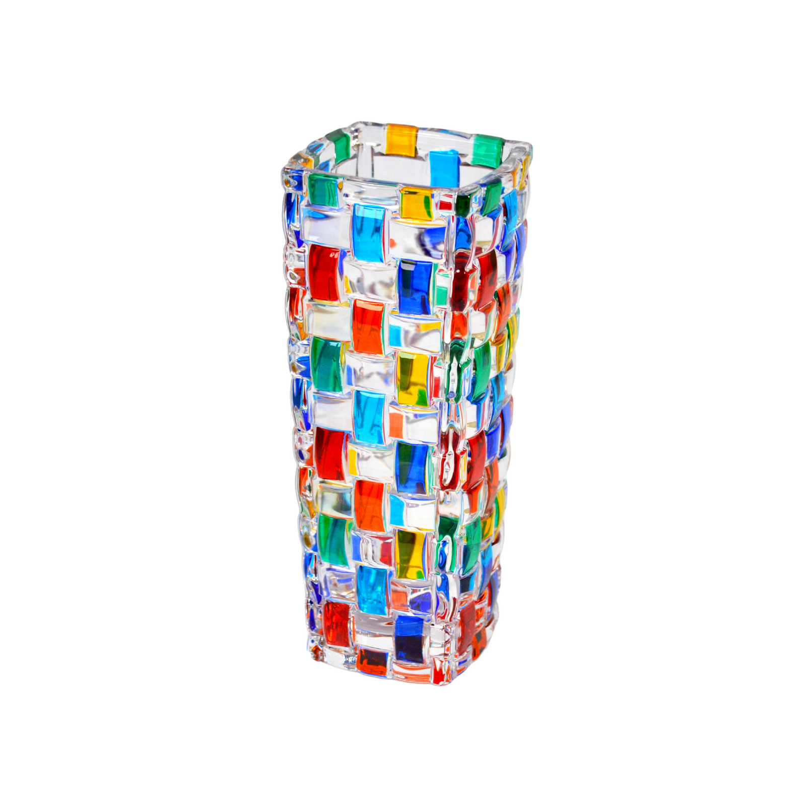 DZ Bossanova Bud Vase, hand-painted Italian crystal with marble base, showcasing elegant craftsmanship and vibrant colors.