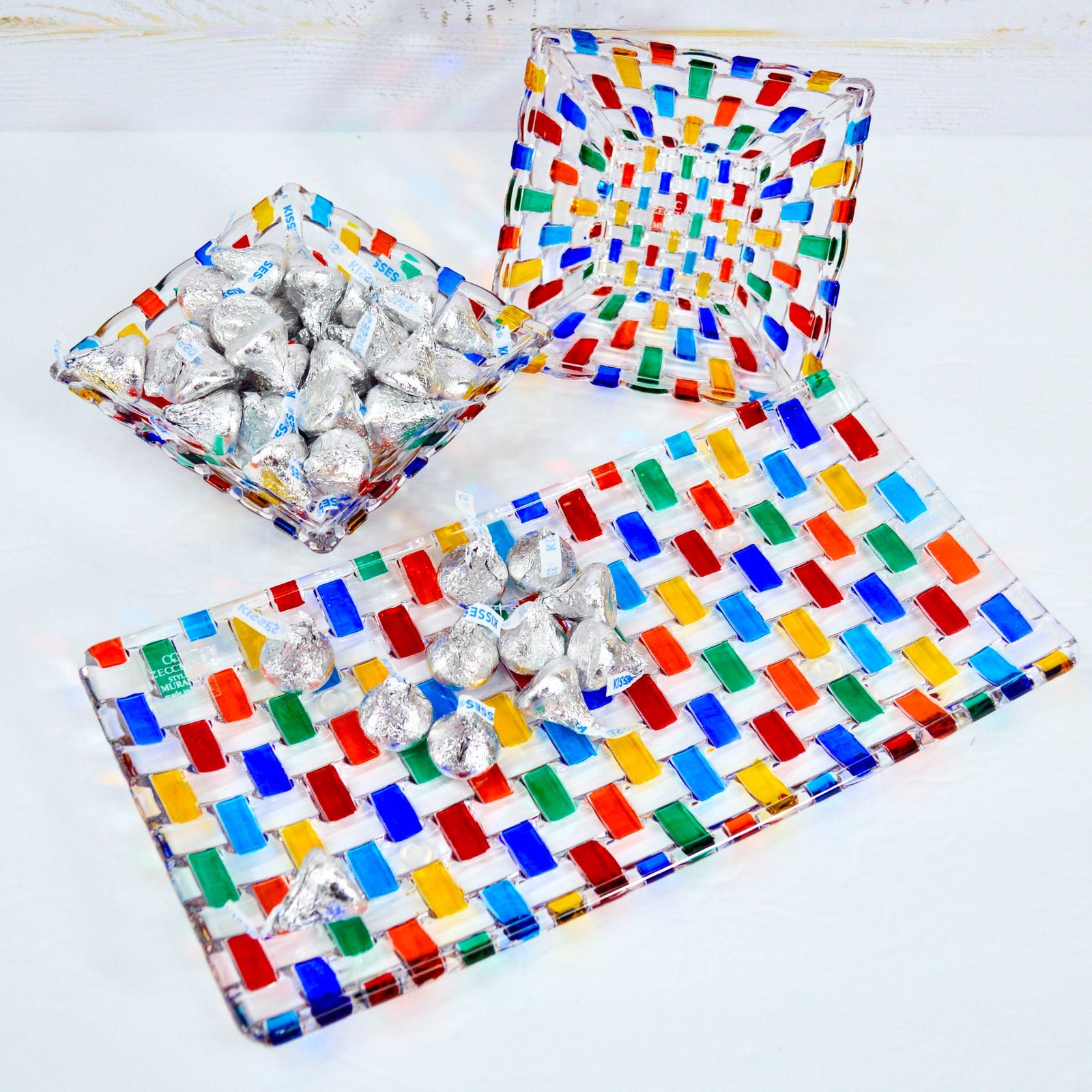 Bossanova Glass Tray with Two Square Bowls, Hand Painted Crystal, Made in Italy - My Italian Decor