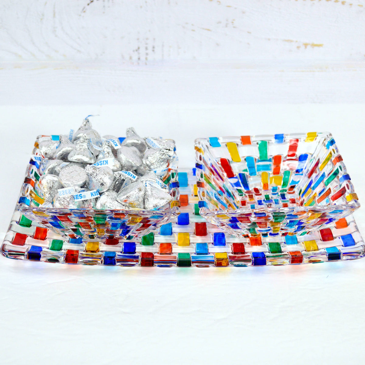 Bossanova Glass Tray with Two Square Bowls, Hand Painted Crystal, Made in Italy - My Italian Decor