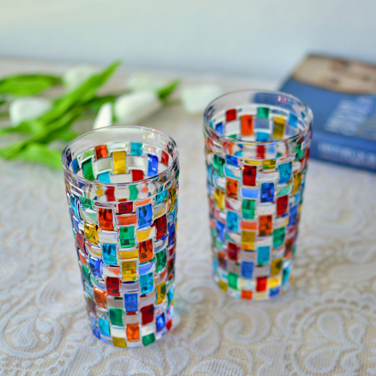 Bossanova Tall Drink Glass, Set of 2 Hand-Painted Italian Crystal