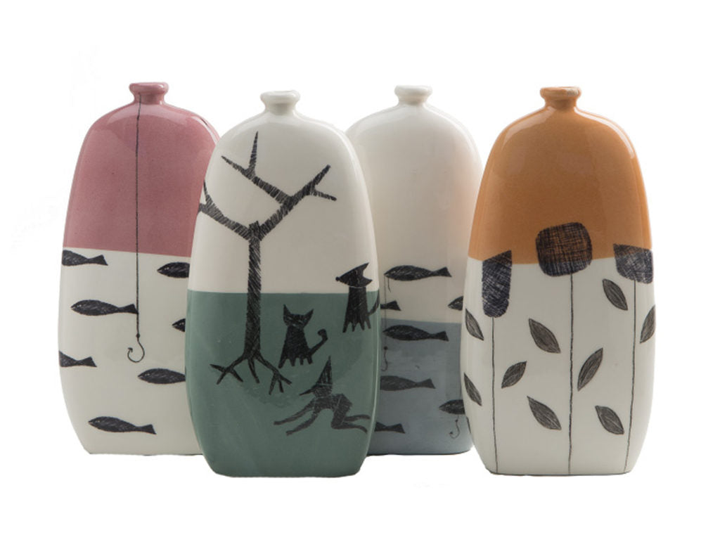 Hand-Painted Fables Ceramic Bottle Vases, Made in Naples
