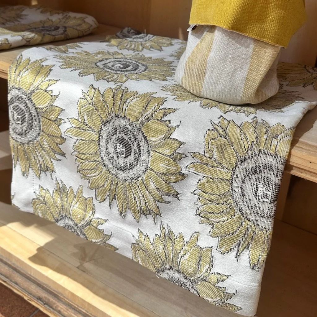 Busatti Van Gogh Sunflowers table runner with vibrant sunflower pattern, crafted in Italy, by My Italian Decor.