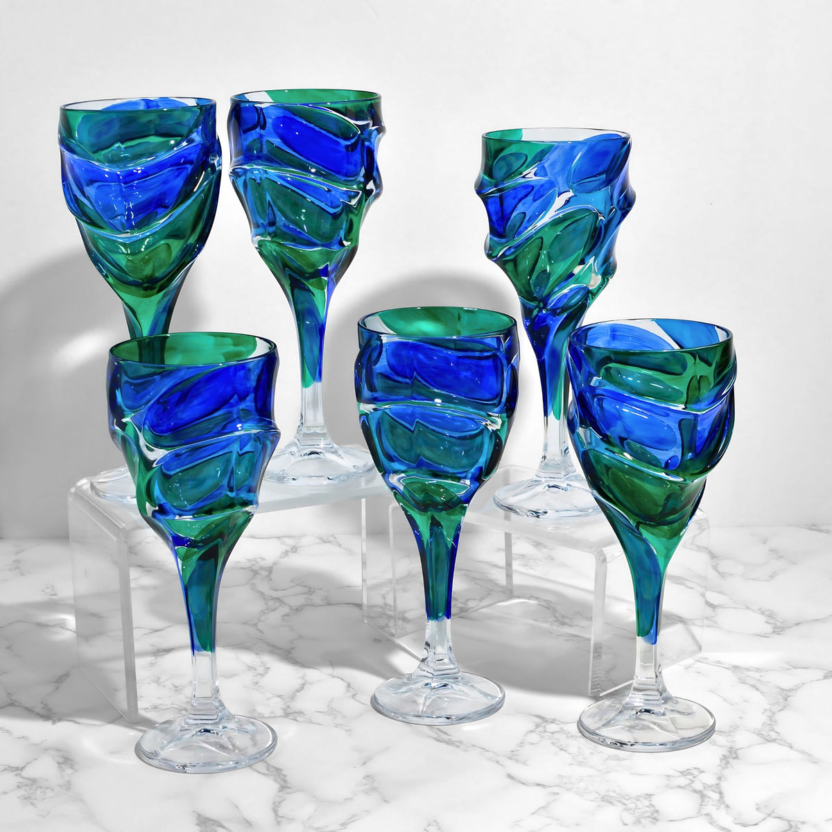 Caly Italian Crystal Wine Glasses, Blue/Green, Set of 2