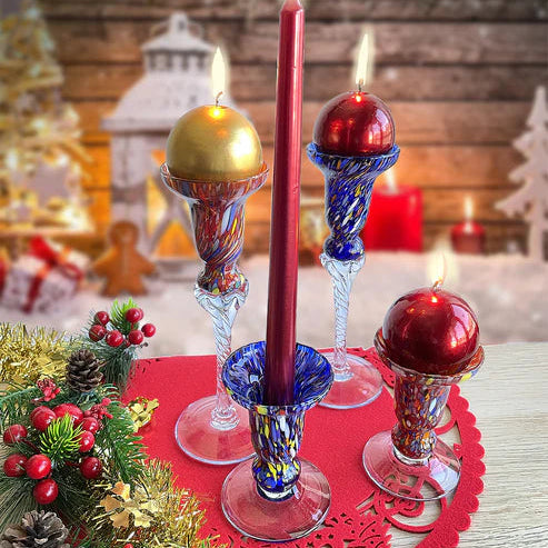 Set of 2 Candlestick Holders - Red and Multicolor