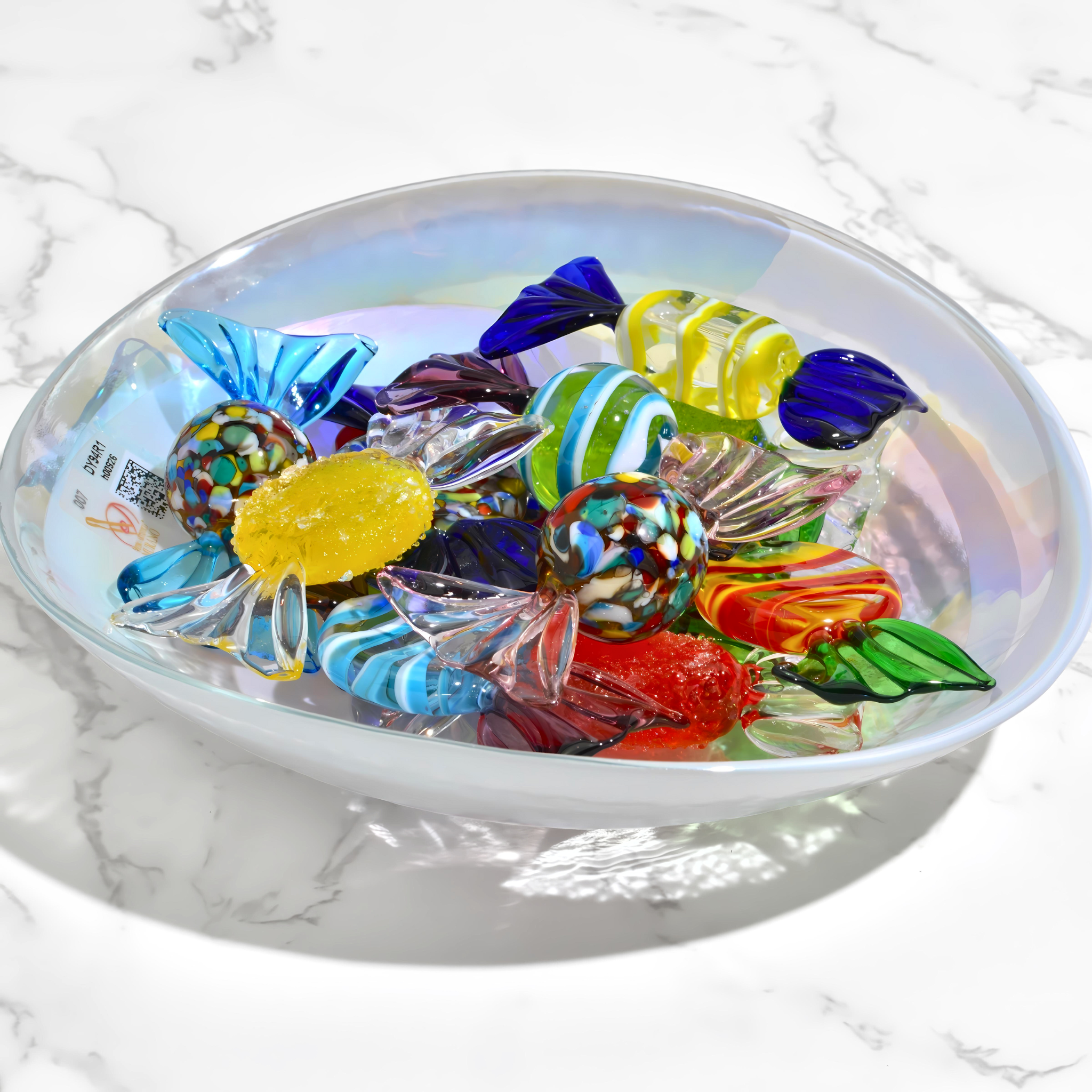 Set of colorful Murano glass candy figurines in a yellow bowl, handcrafted artificial food by MyItalianDecor.