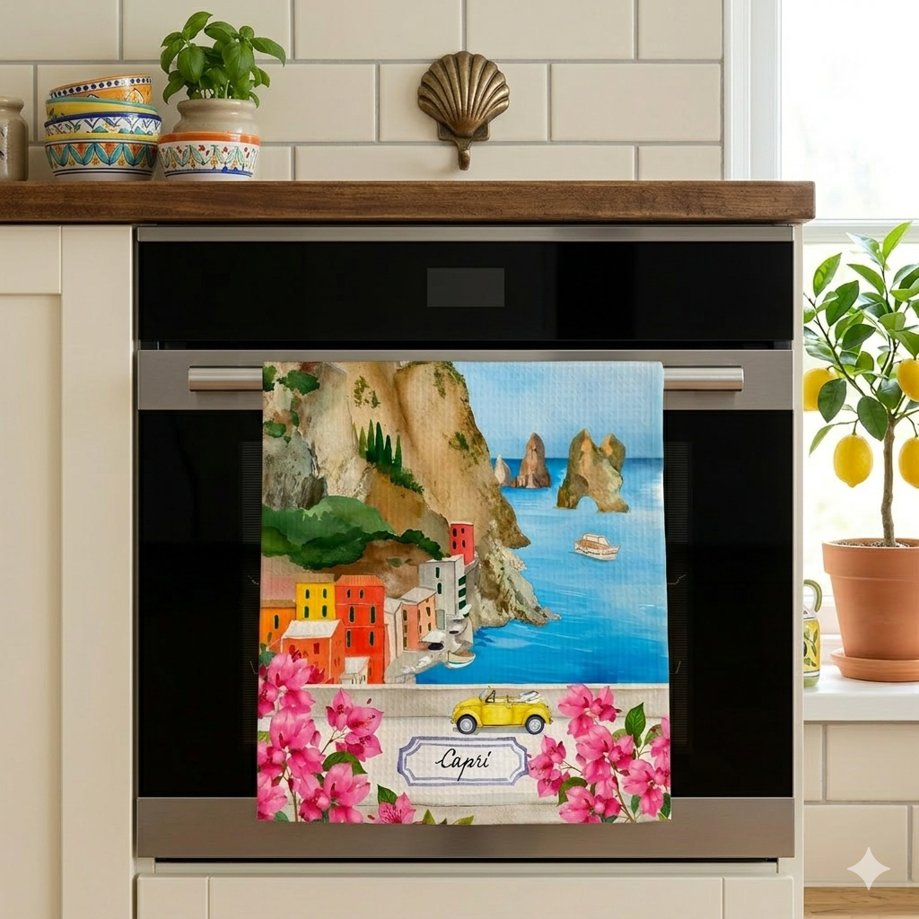 Bell'Italia linen kitchen towel hanging on oven door, made in Italy, part of My Italian Decor's table linens collection.