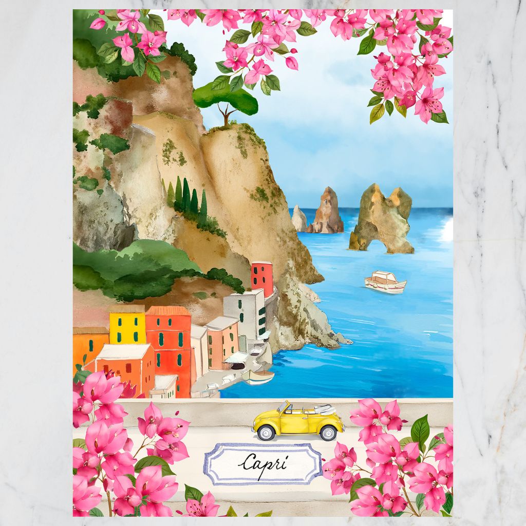 Bell'Italia linen kitchen towel from My Italian Decor featuring classic Capri design, made in Italy, ideal for kitchen and table use.