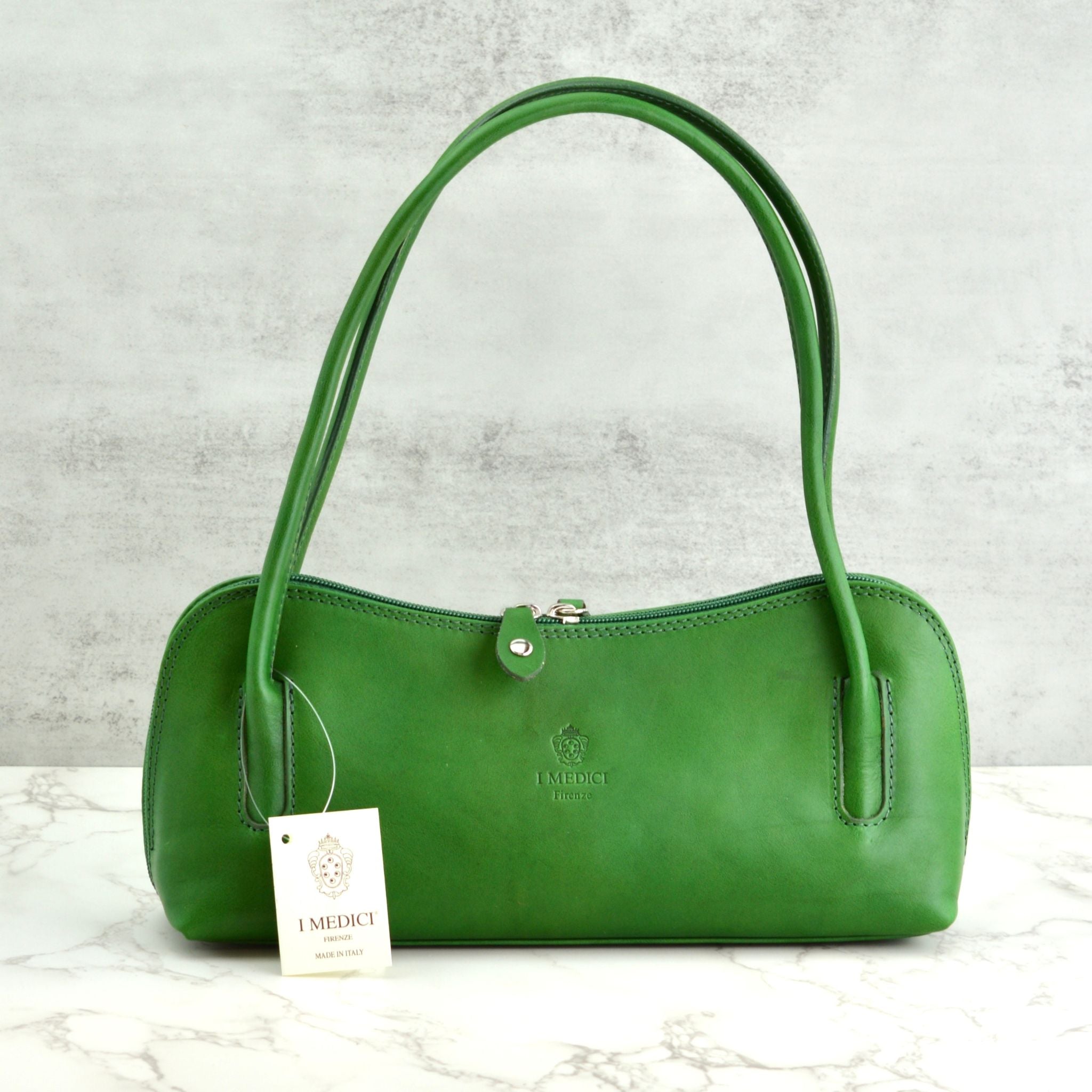 Carina Italian leather shoulder bag by MyItalianDecor featuring a soft avocado green color and sleek handbag design.