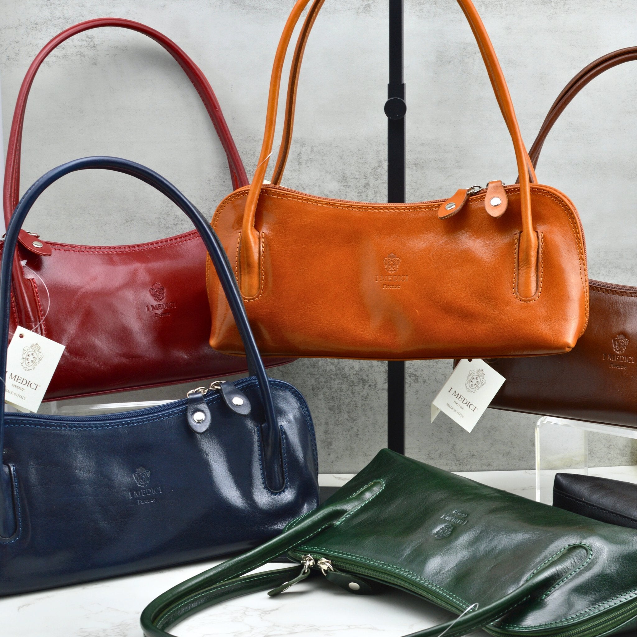 Collection of Carina Shoulder Bags in various colors made from Italian leather, stylish handbags by MyItalianDecor.