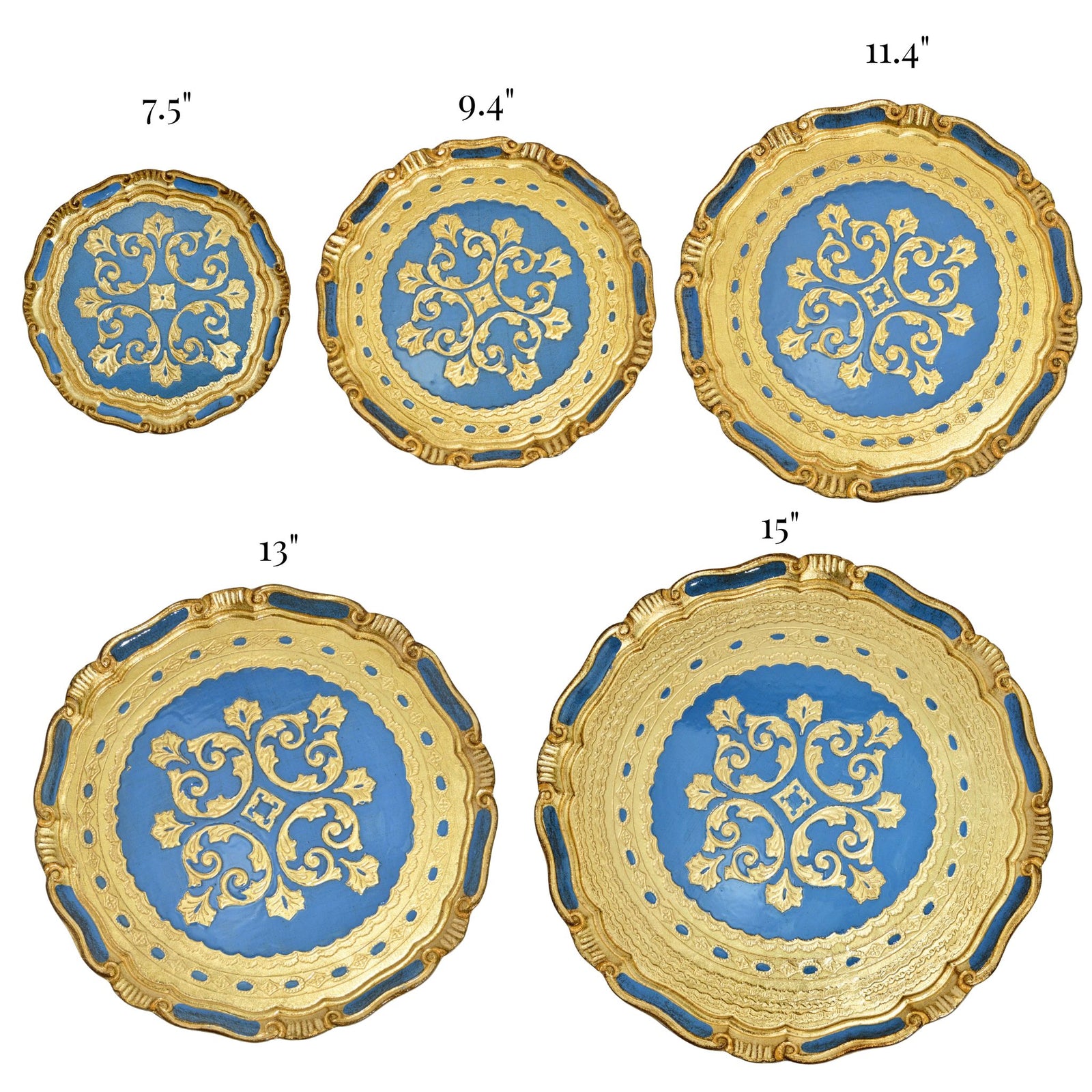 Decorative Florentine carved gilded wood circle tray in various colors, crafted in Italy by My Italian Decor.