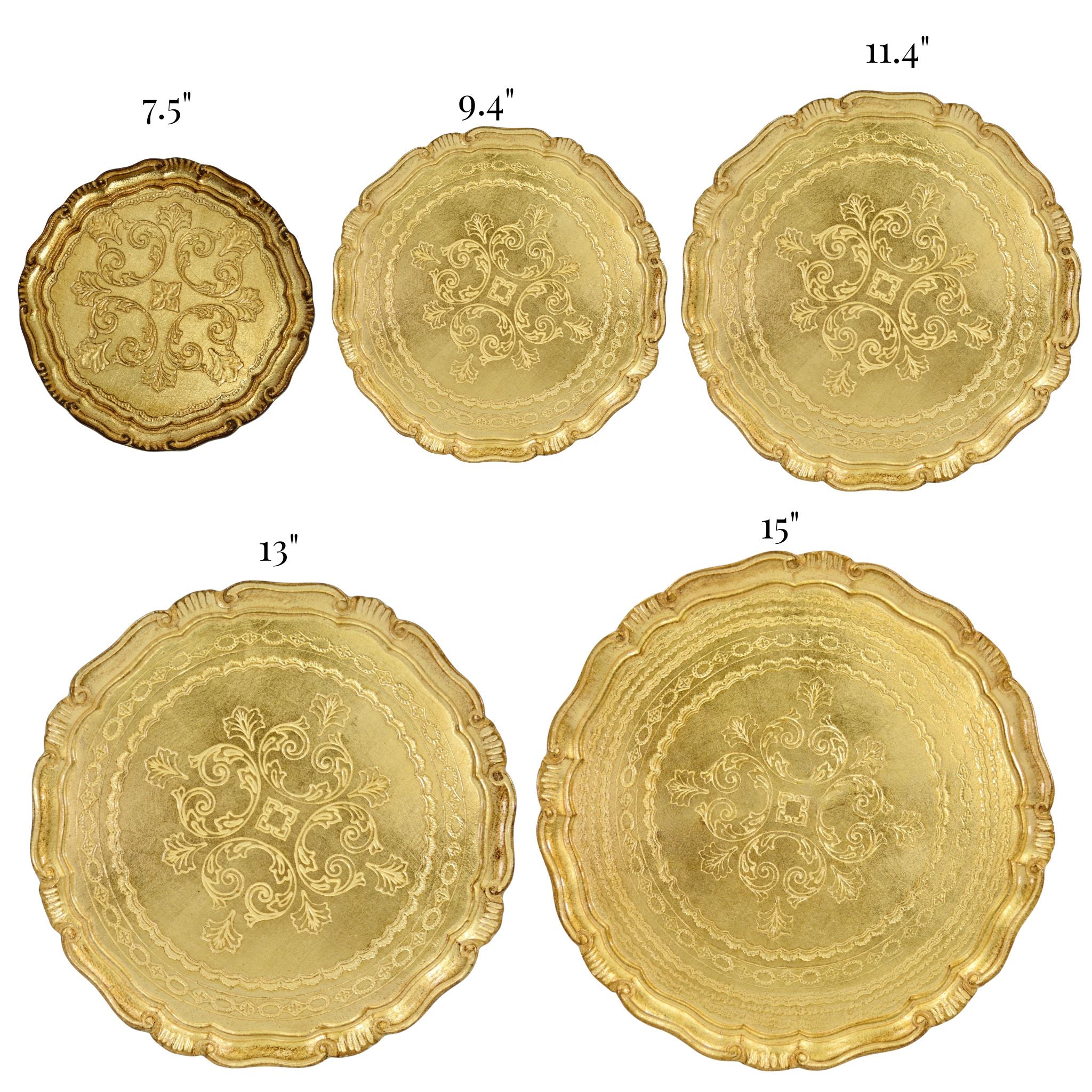 Decorative Florentine carved gilded wood circle tray with intricate patterns, made in Italy, ideal for elegant display.