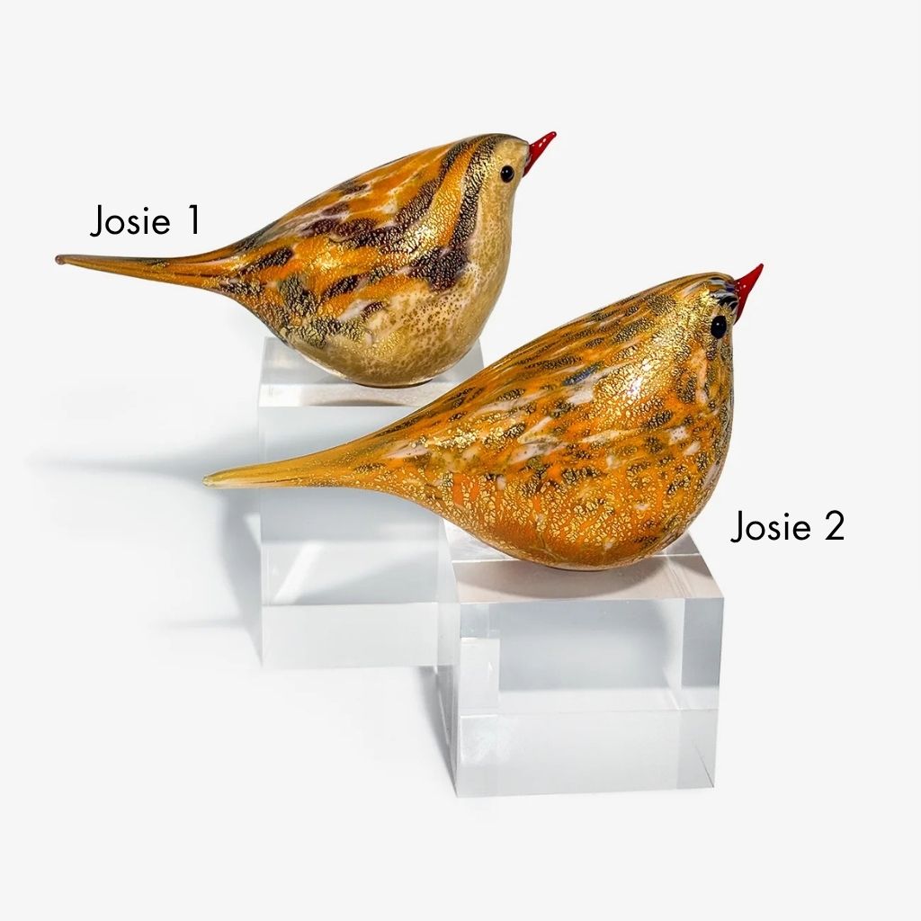 Two decorative bird sculptures labeled Josie 1 and Josie 2, displayed on clear acrylic blocks against a light gray background. The birds have a textured golden-orange body with dark brown mottled markings and small red beaks.