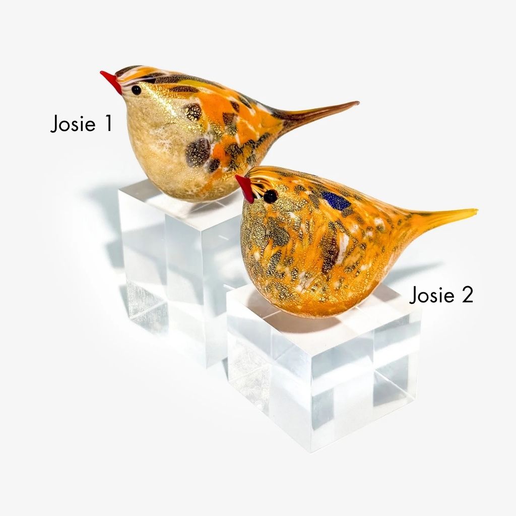 Two decorative bird figurines displayed on clear acrylic blocks against a white background. The bird figurines have a textured golden-orange body with black speckles, a red beak, and one has a small blue accent near its tail.