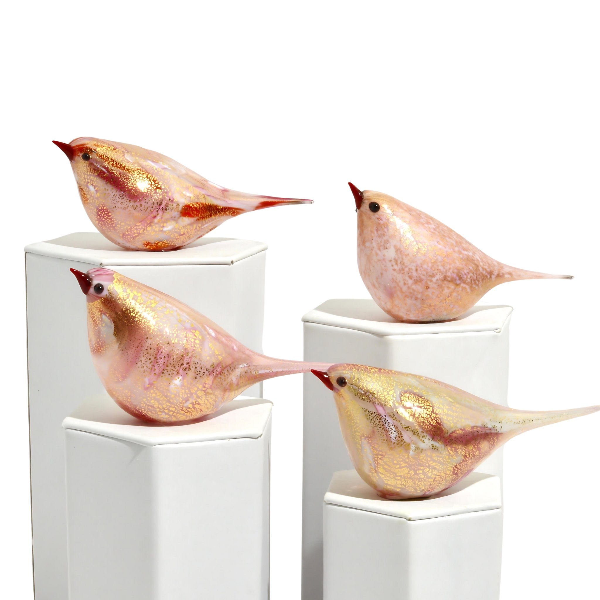 Pink Murano Glass Chirpie Bird by My Italian Decor, handblown Italian art glass sculpture facing left on a plain background.