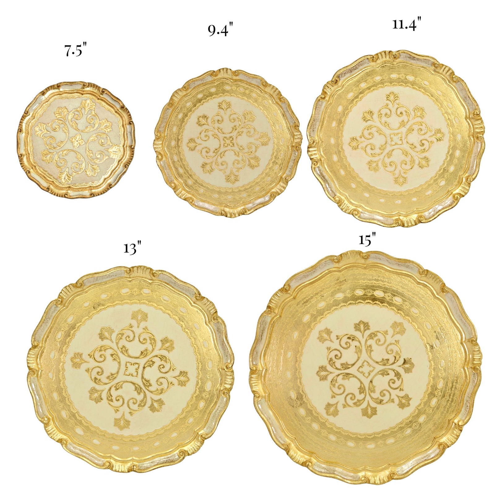 Decorative Florentine carved gilded wood circle tray in various colors, crafted in Italy by My Italian Decor.