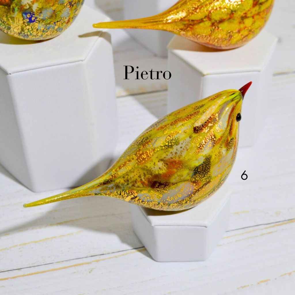 Closeup of a Murano glass hand-blown Italian Chirpie bird figurine by Pietro, showcasing vibrant colors and intricate craftsmanship.