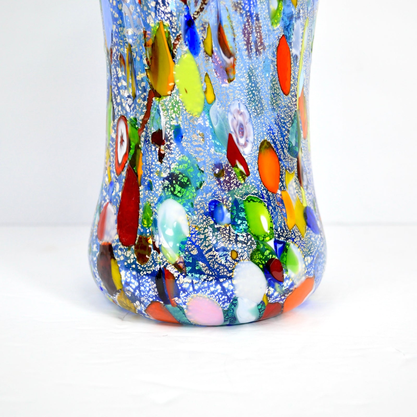 Large blue Murano glass vase with intricate millefiori design, crafted in Italy by My Italian Decor.