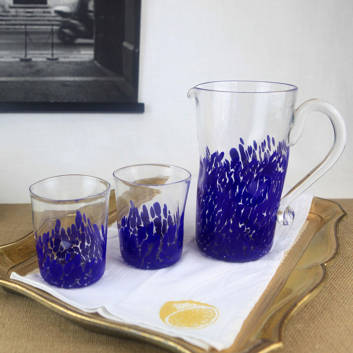 Allegra Murano Glass Pitcher &amp; Glasses Set, Cobalt Blue, Made in Italy - My Italian Decor