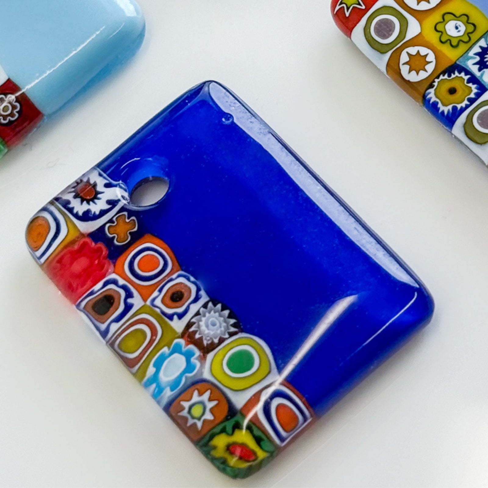 Murano Millefiori rectangle pendant on cord, handcrafted charms and pendants by My Italian Decor, showcasing vibrant glass art.