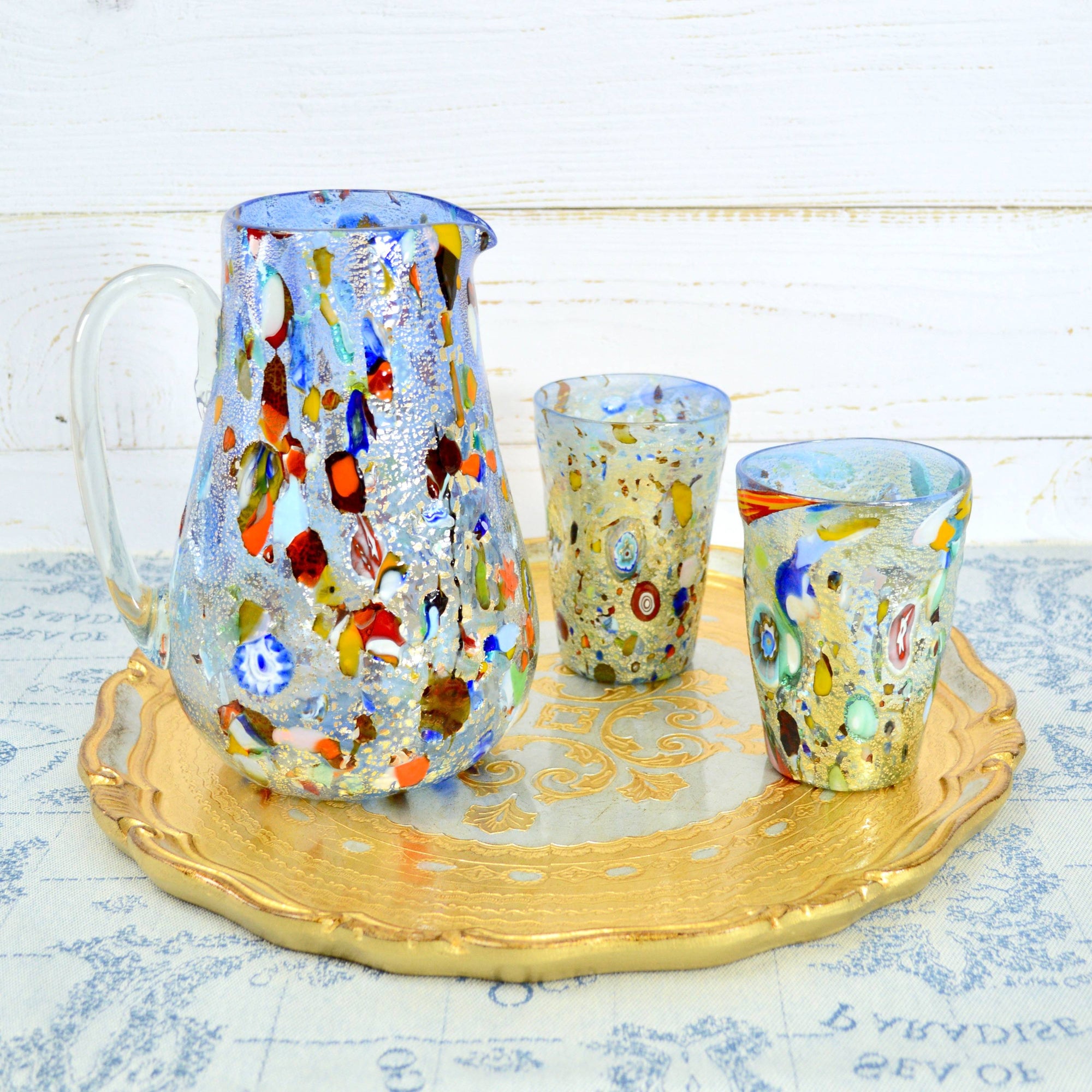 Alta Round Drink Pitcher in blue, Murano Glass with millefiori - My Italian Decor