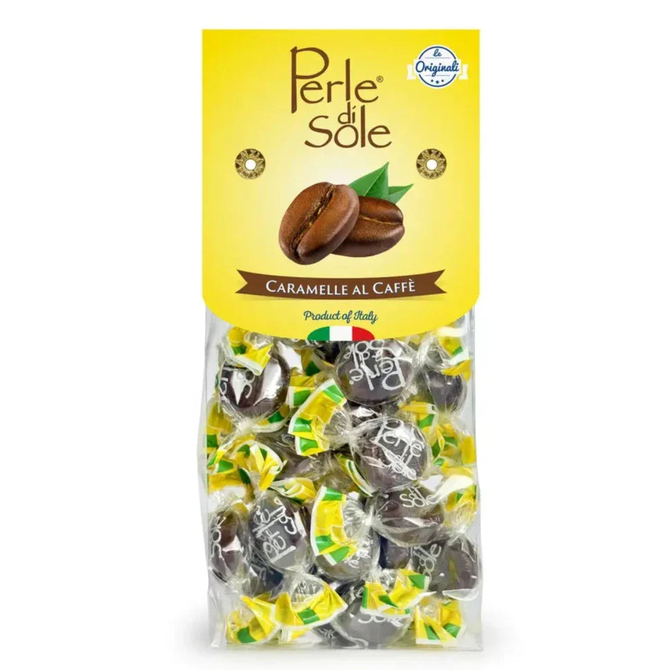My Italian Decor Perle di Sole Candy Bags coffee-flavored hard candies in clear packaging.