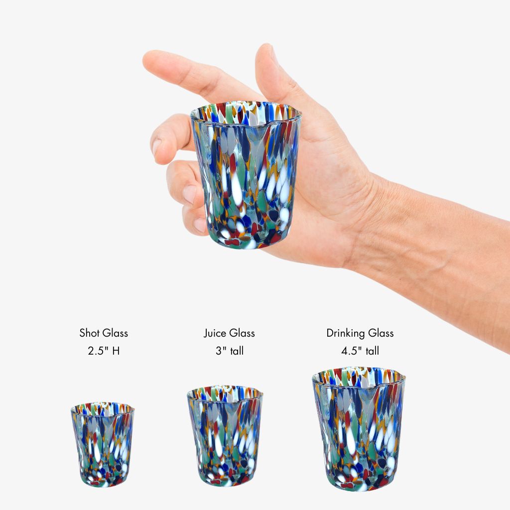 Set of 2 Murano glass small tumblers with colorful confetti design, crafted by MyItalianDecor.