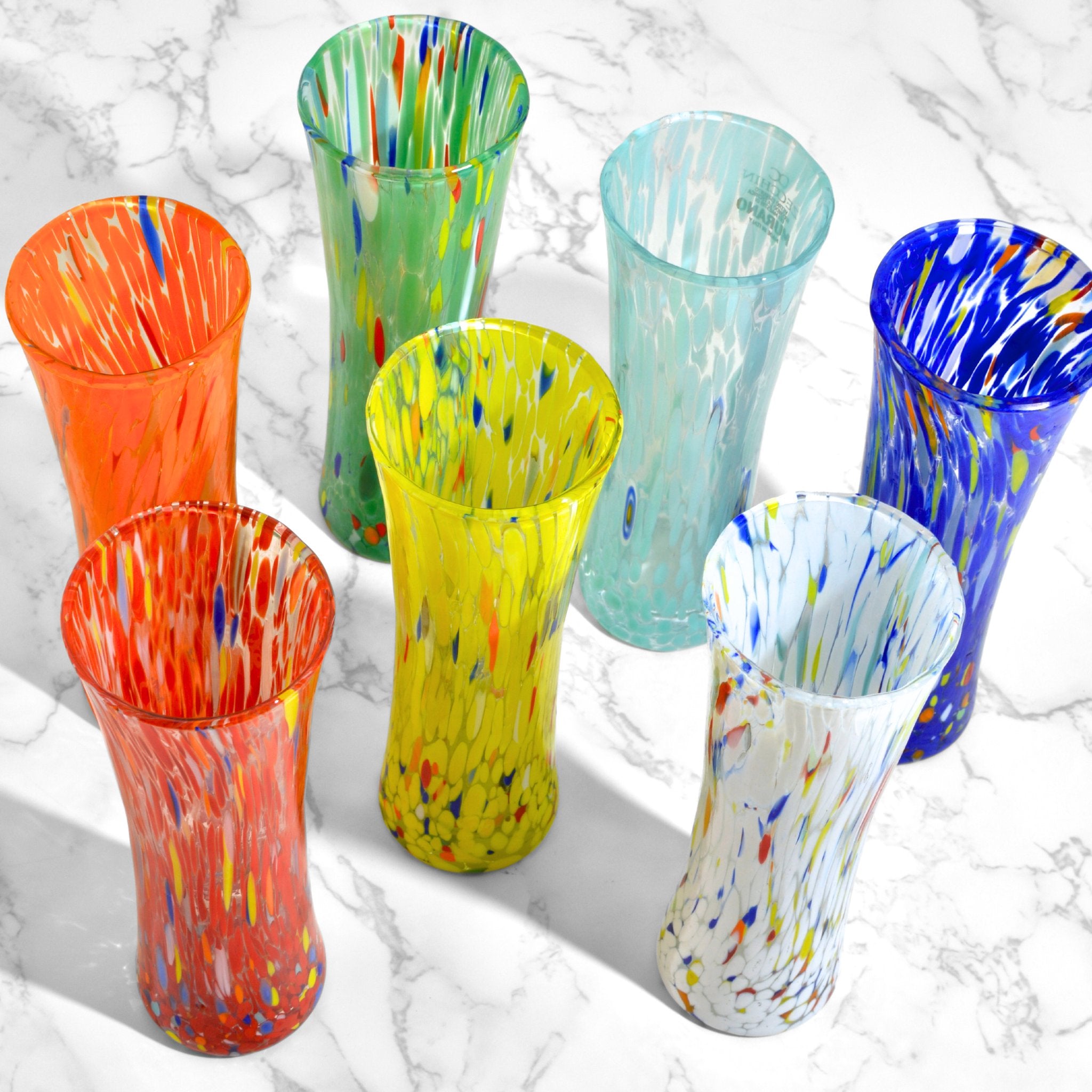 Colorful Murano glass bud vase by MyItalianDecor, contemporary design, top view showcasing vibrant hues and elegant shape.
