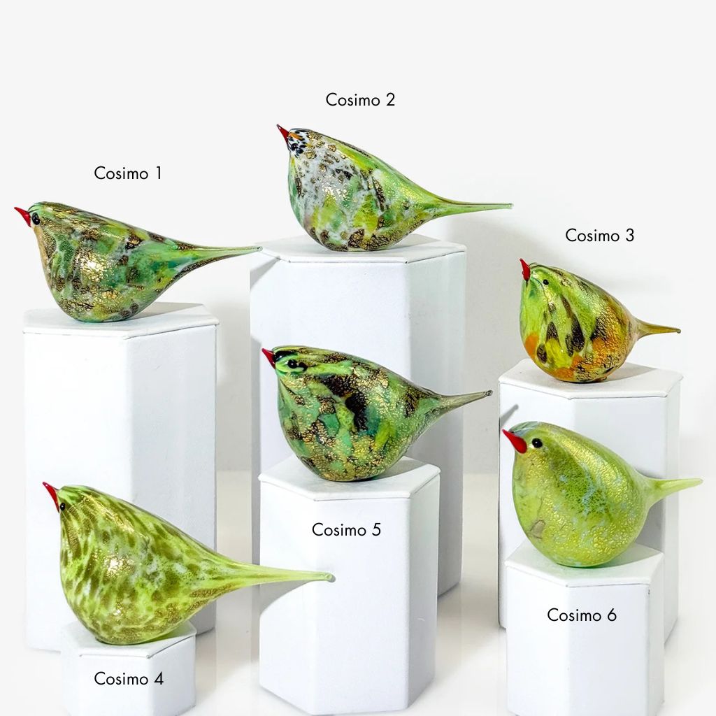 Lime green Murano glass Chirpie bird figurine with 24k gold accents by My Italian Decor, crafted in Italy.