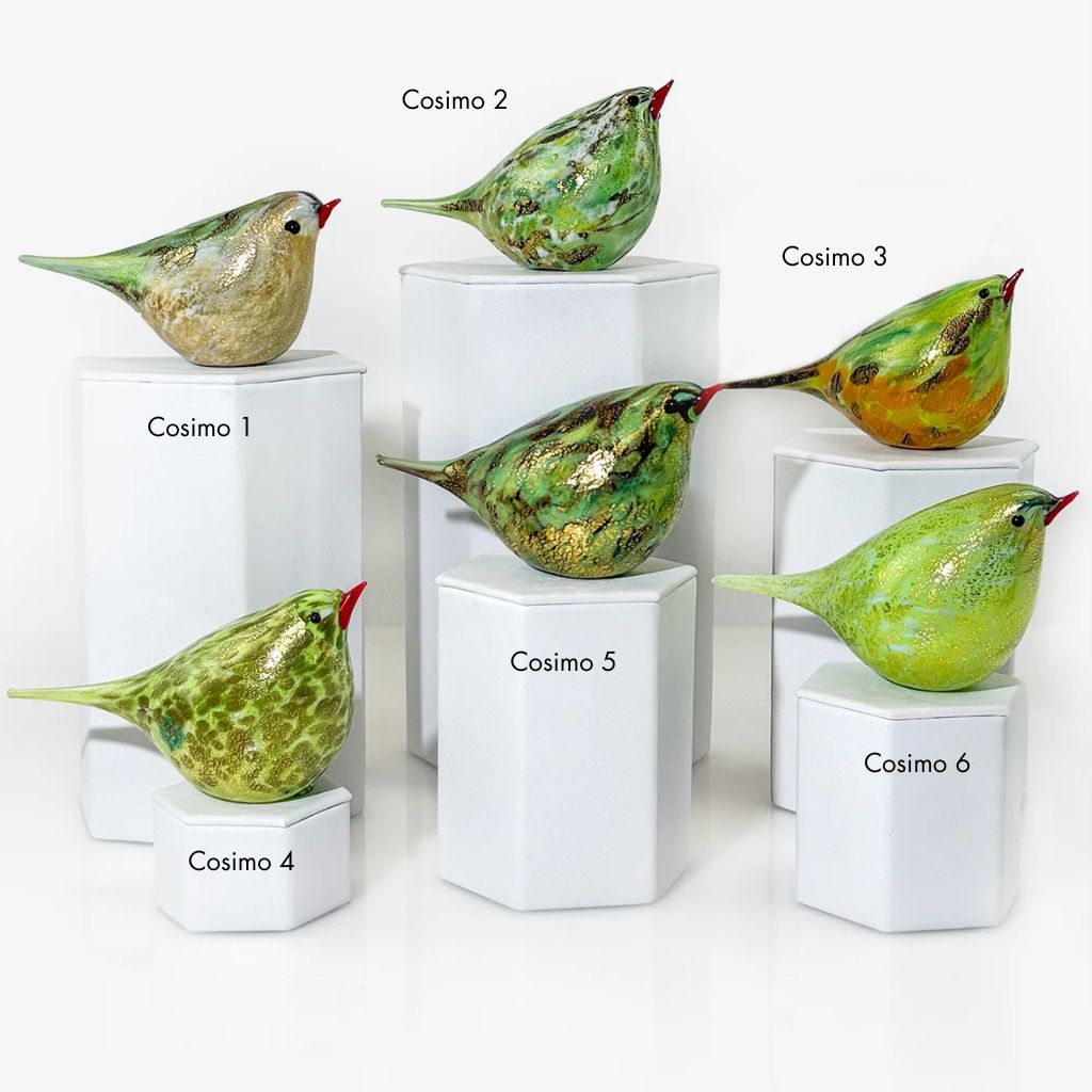 Lime green Murano glass Chirpie bird figurine with 24k gold accents by My Italian Decor on a white background.