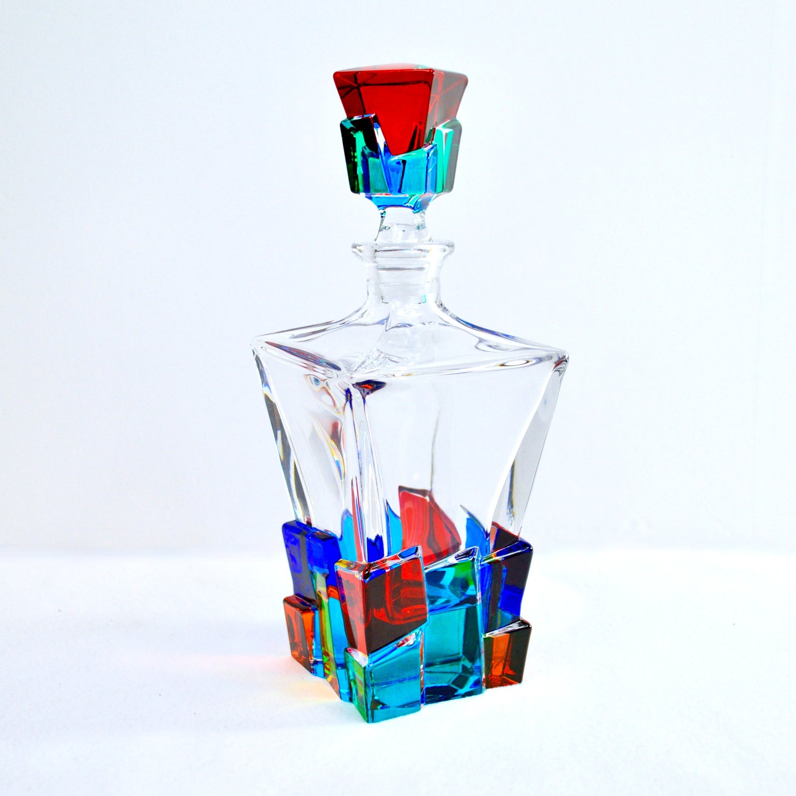 Hand-painted Italian crystal decanter with crack design displayed on a wooden surface, crafted by MyItalianDecor.