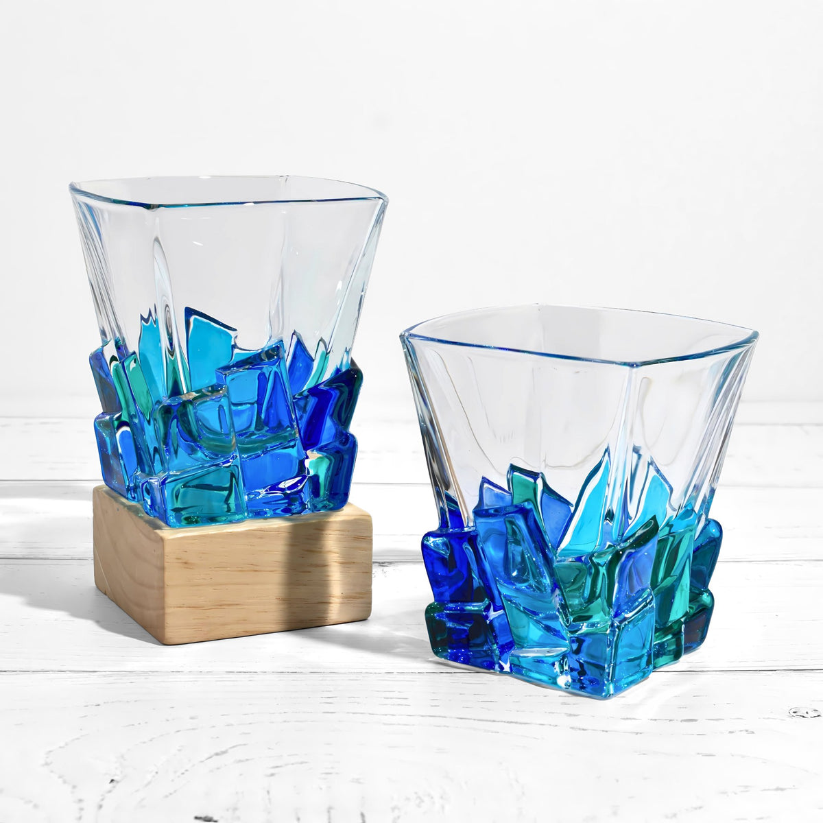 Crack Short Drink Whiskey Blue/Green Glass, Set of 2