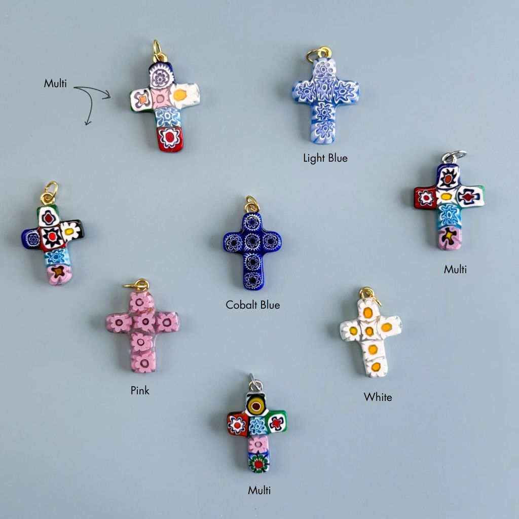 Italian Millefiori cross pendant by My Italian Decor featuring colorful glass flower patterns and a silver-tone chain.