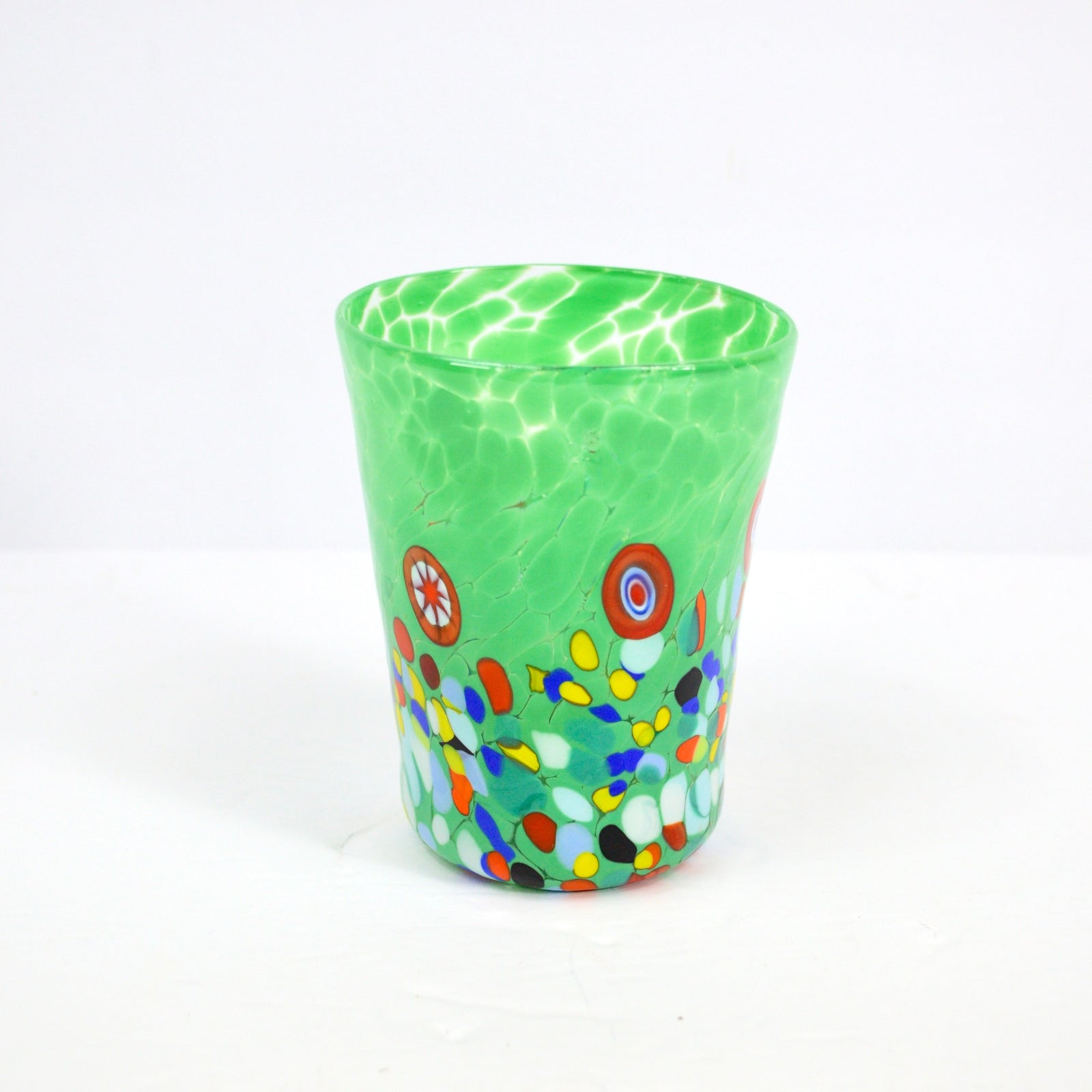 Medici Murano Glass Tumbler by MyItalianDecor featuring colorful Millefiori design, hand-blown drinking glass for elegant beverage service.