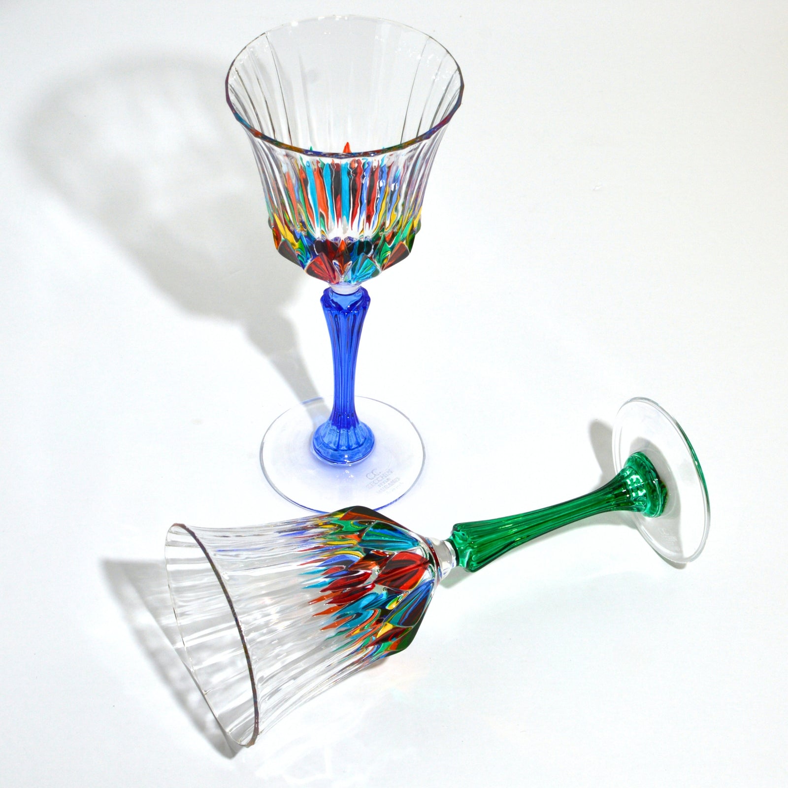 Set of two DZ Italian Crystal Demi Swatch Wine Glasses with elegant, clear crystal design for fine wine drinking.