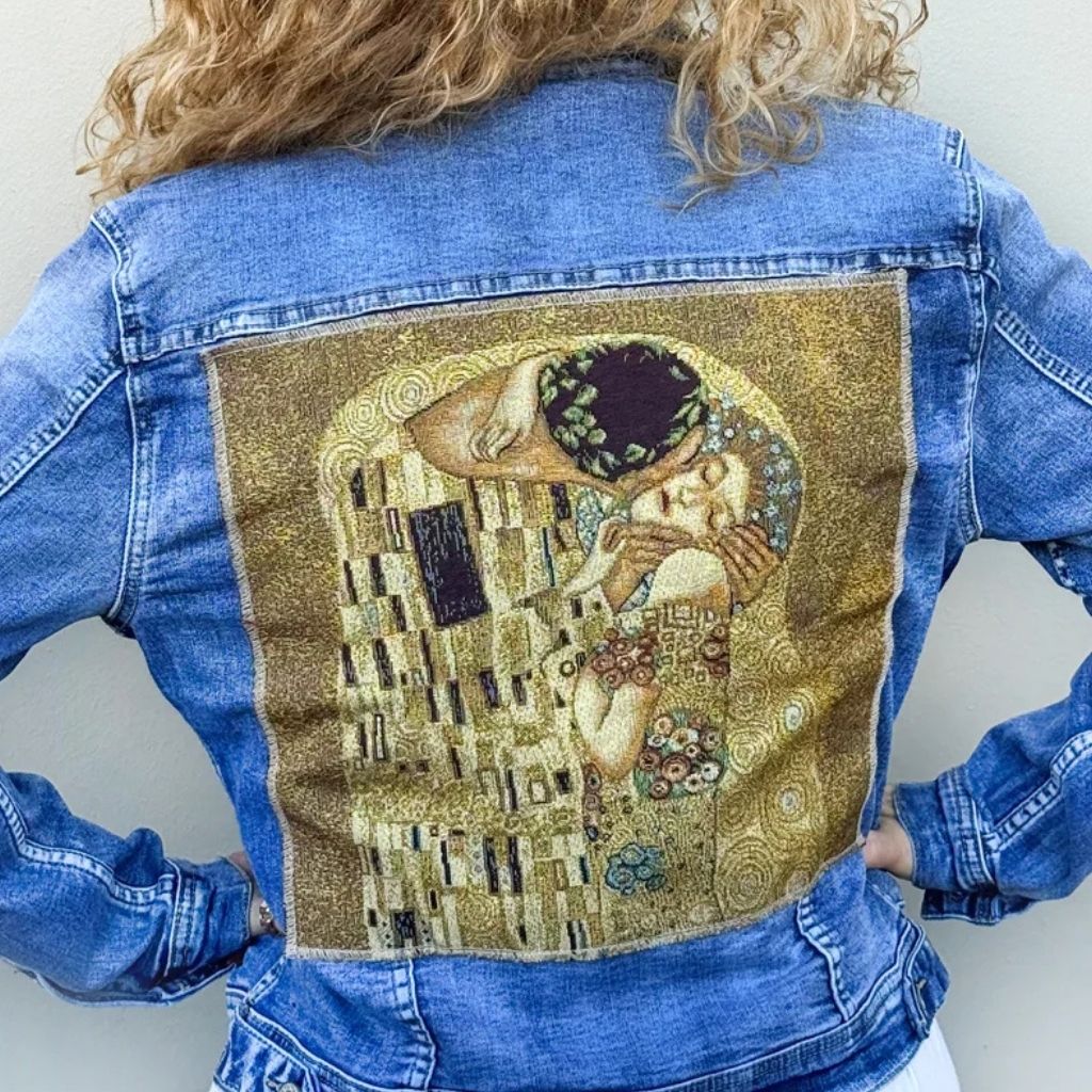 Denim jacket by My Italian Decor featuring an Italian art tapestry patch on the front, casual clothing with artistic detail.