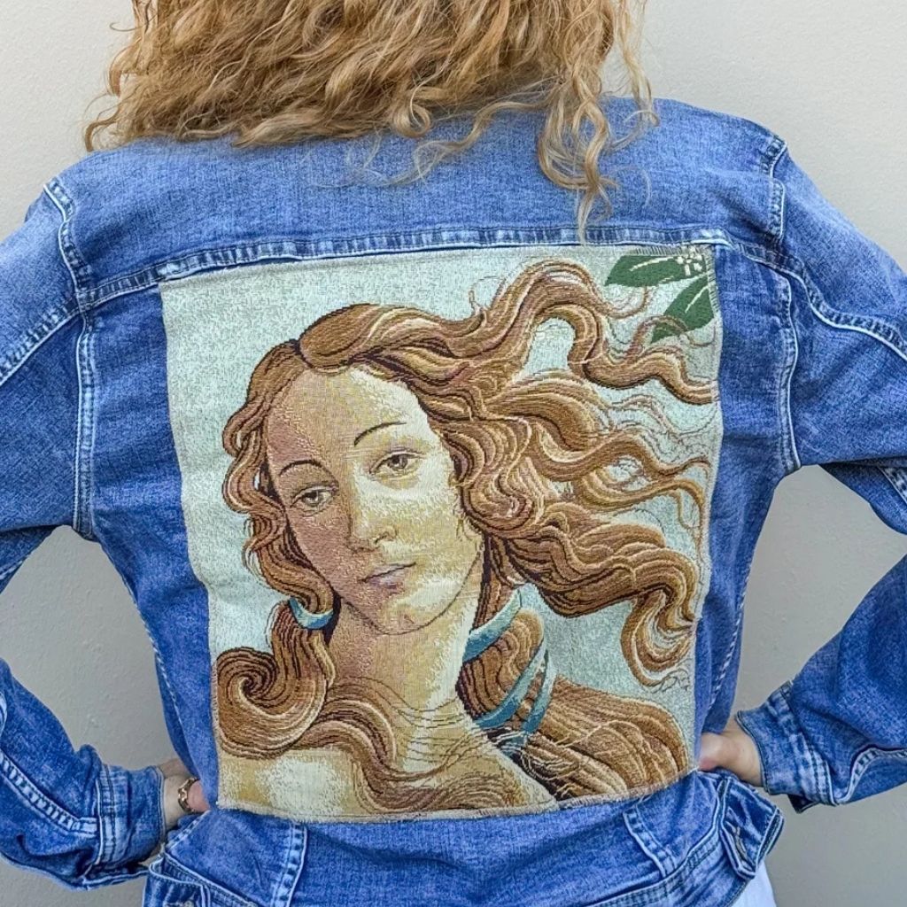 Denim jacket featuring Italian Florence tapestry patch, stylish clothing with artistic Italian design by My Italian Decor.