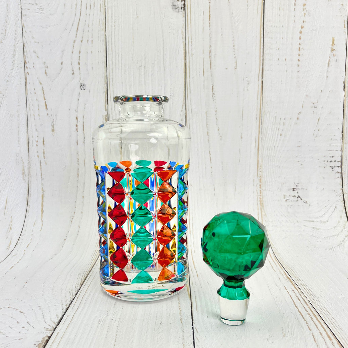 Diamond Italian Crystal Decanter, Hand-Painted, Made in Italy