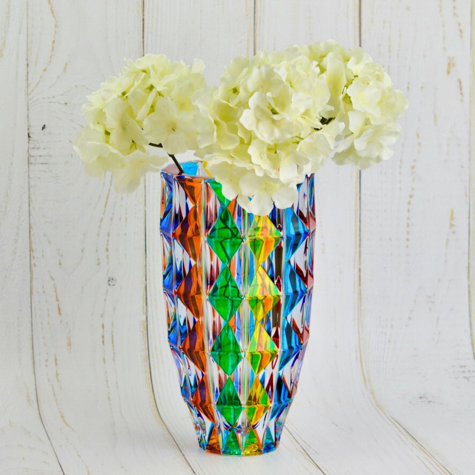 Large hand-painted crystal diamond vase by DZ, made in Italy, showcasing intricate design and elegant craftsmanship.
