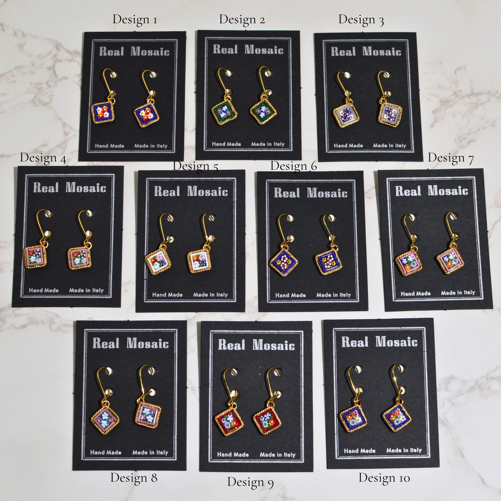 Florentine micro mosaic earrings in diamond shape with millefiori design, made in Italy, shown from multiple angles.