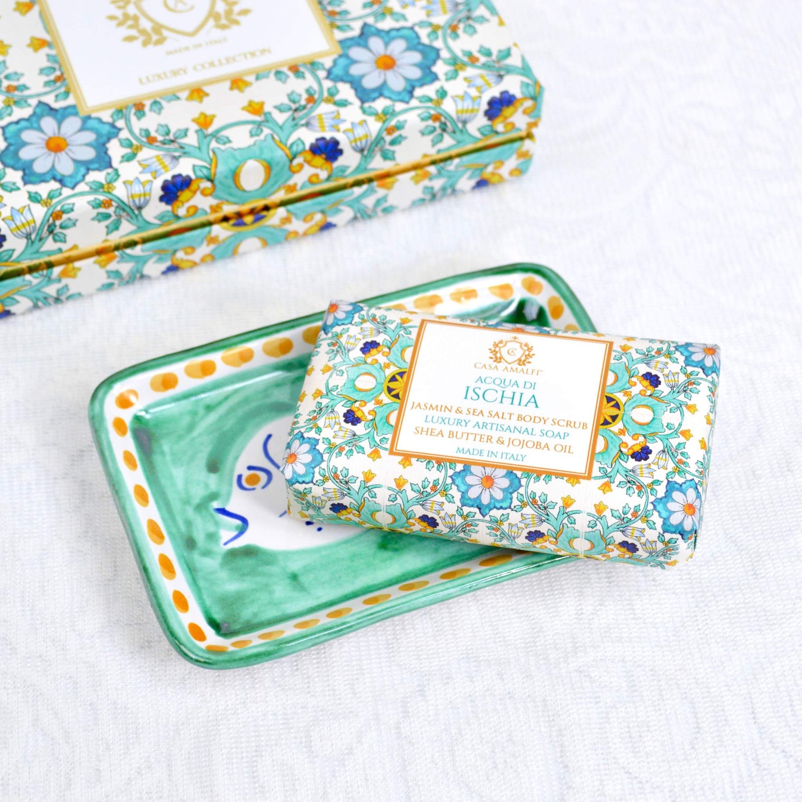 Aqua Fish soap and dish set by My Italian Decor, featuring a bar soap and matching dish with fish design in aqua tones.