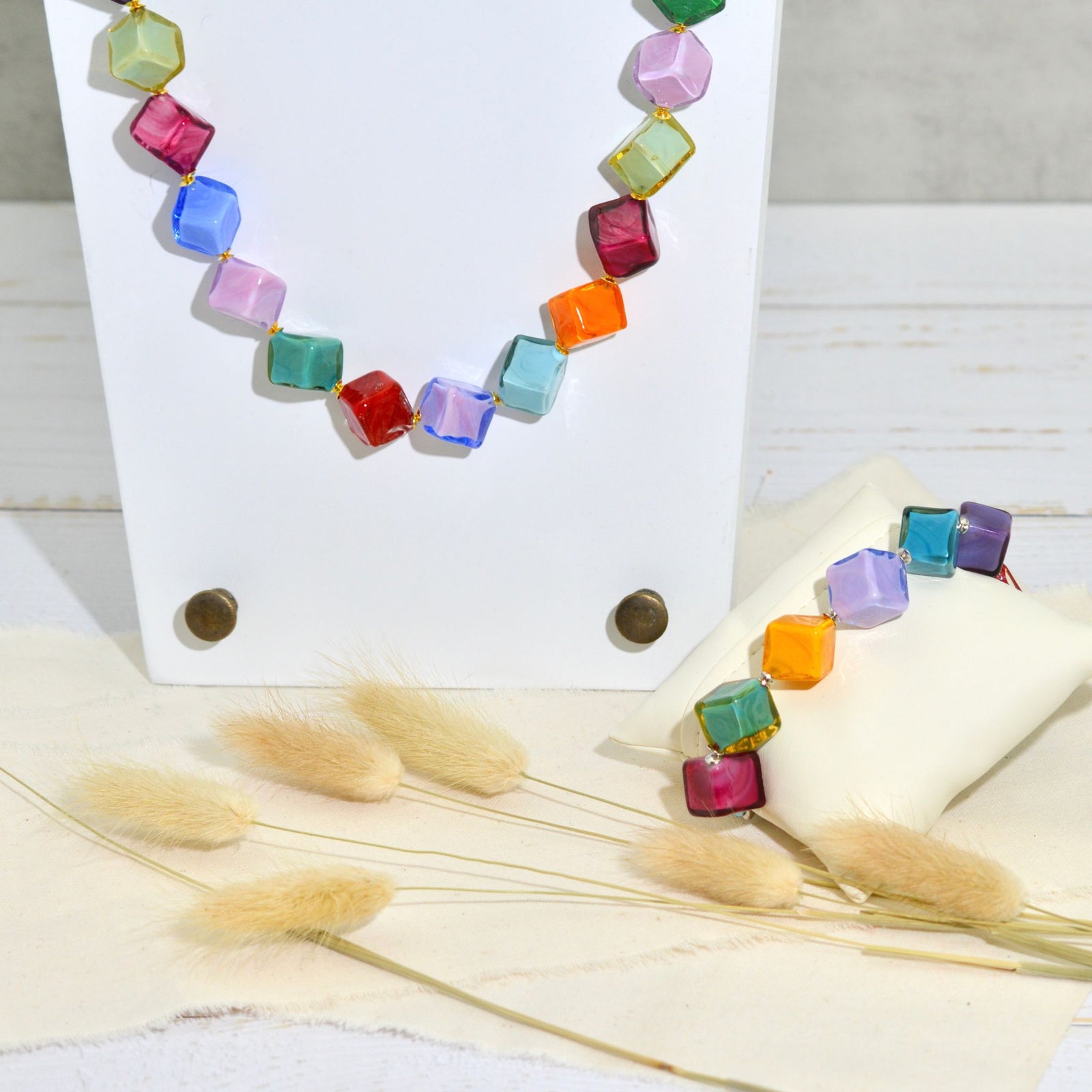 Handcrafted Murano Glass Multi Cubo Dolce necklace and bracelet in vibrant colors, showcasing Italian artisan craftsmanship.